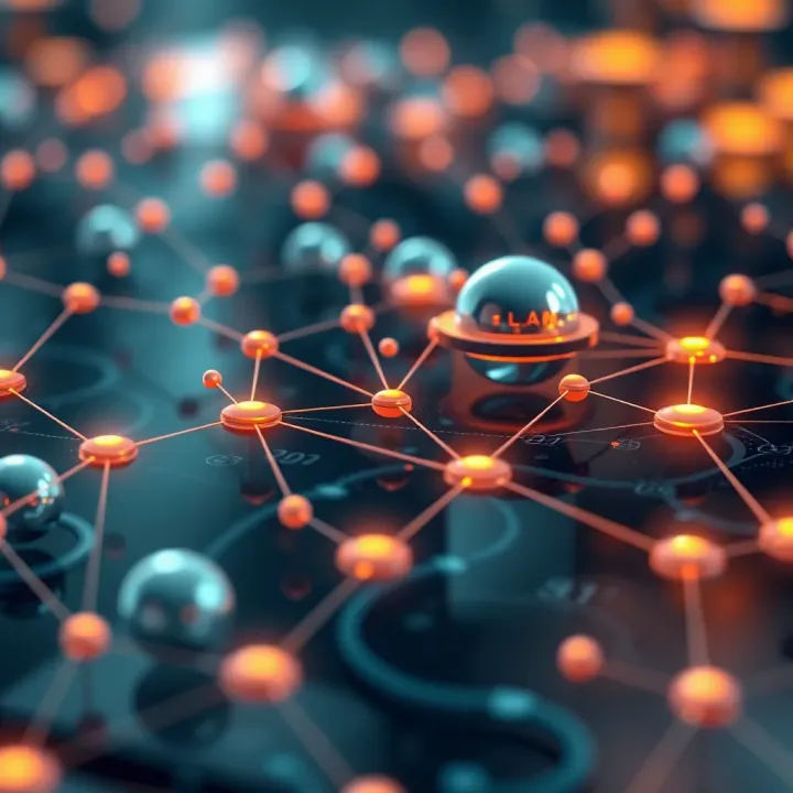 Digital illustration of blockchain technology and network nodes representing Solana's technological advancements