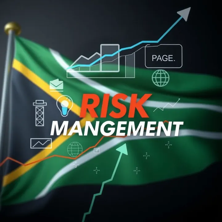 Risk Management Strategies for South African Traders Abstract representation of risk management concepts with financial icons and South African flag
