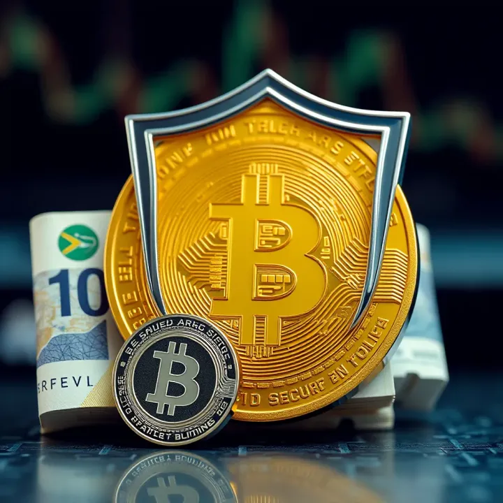 Illustration of bitcoin symbol alongside South African currency with protective shield representing secure trading