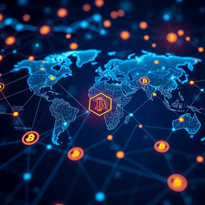 Visual representation of blockchain network with digital currency symbols and a global map