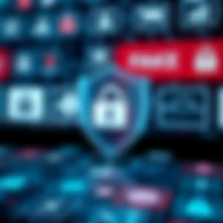 Illustration of a secure digital shield protecting personal data amidst fraudulent trading site icons