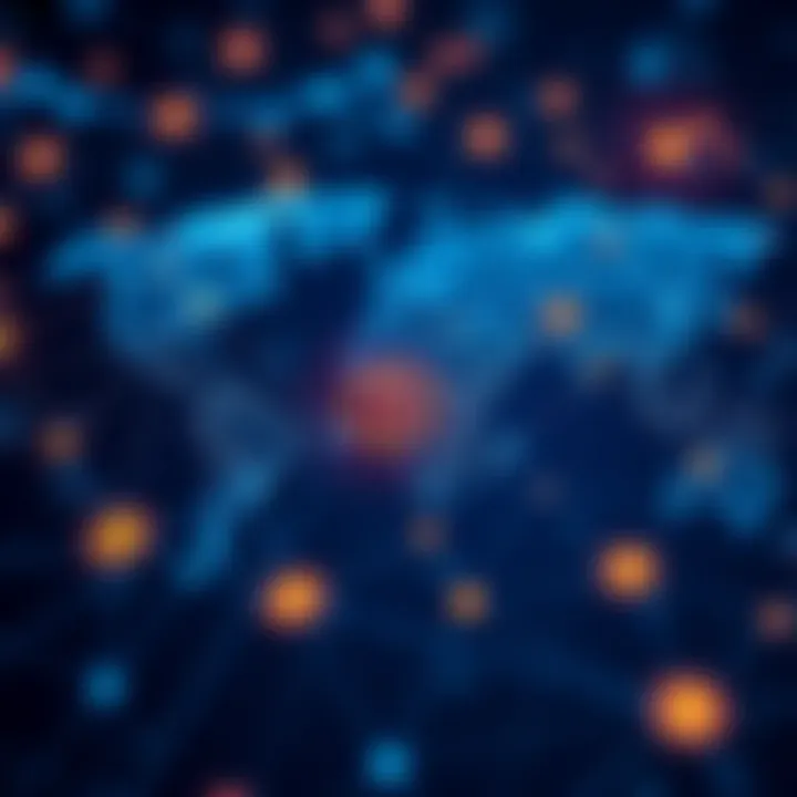 Visual representation of blockchain network with digital currency symbols and a global map