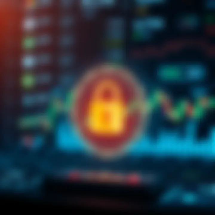 Visual representation of secure online trading with digital security icons and financial graphs