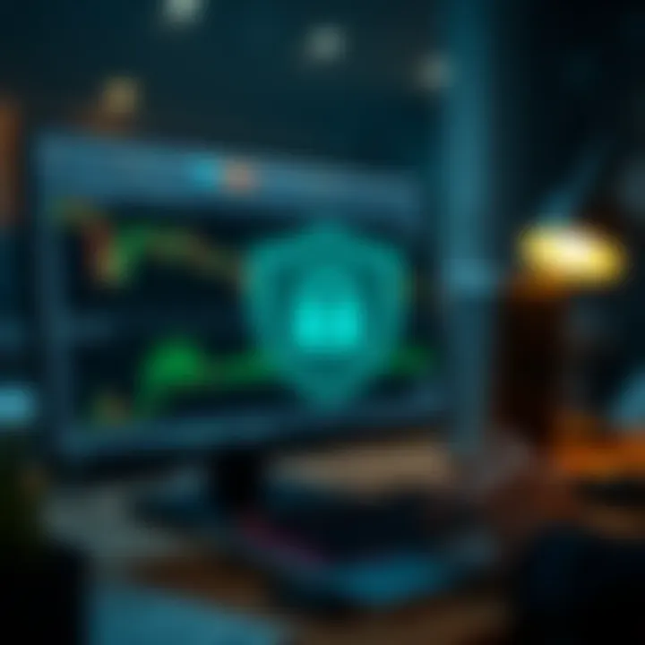 Security shield icon overlaying a computer to represent safe and secure online trading practices