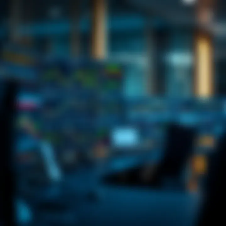 Trading workstation with multiple computer screens showing charts and graphs in a corporate office