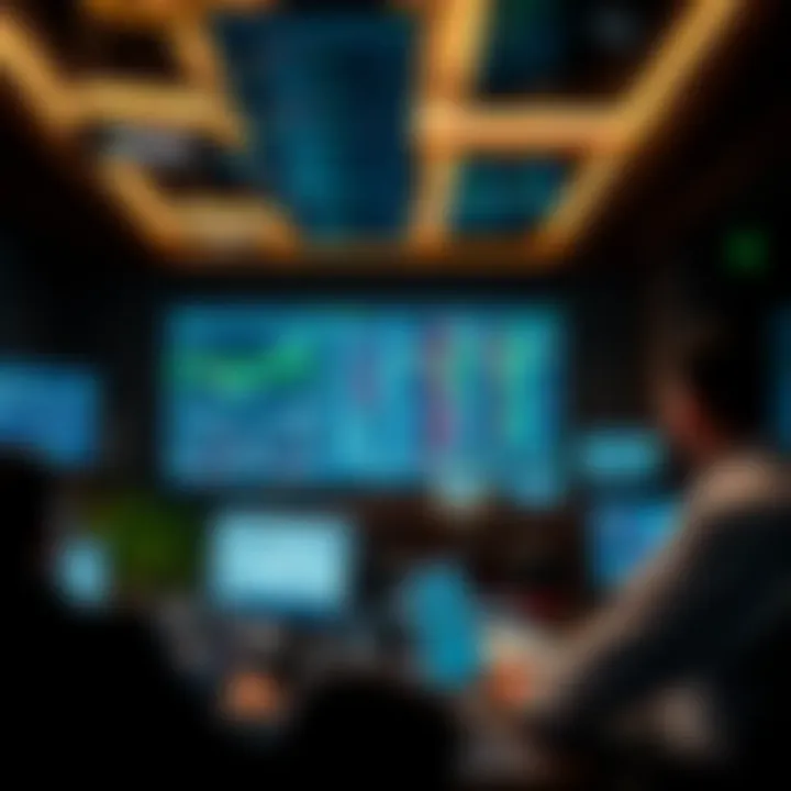 Luxurious office setting showcasing financial market charts and trading data on multiple screens