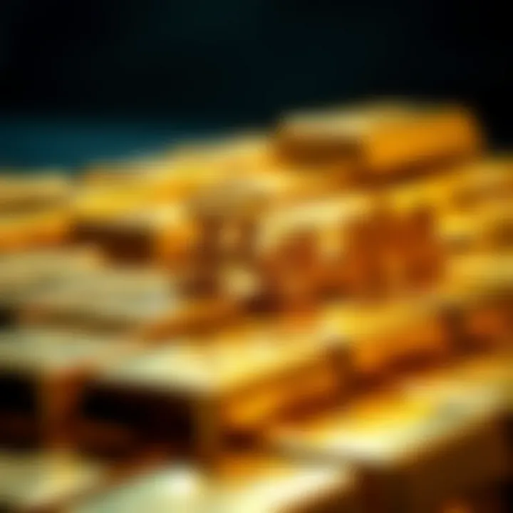 Close-up of gold bars stacked together representing investment value
