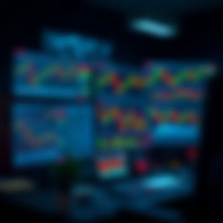 Workspace featuring multiple monitors displaying currency charts and trading strategies