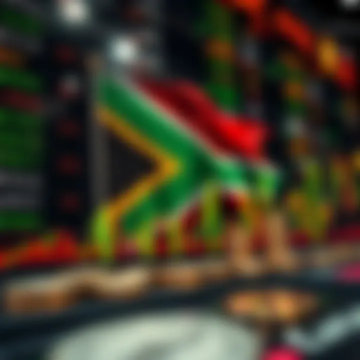 Digital representation of currency exchange rates with South African flag and financial symbols