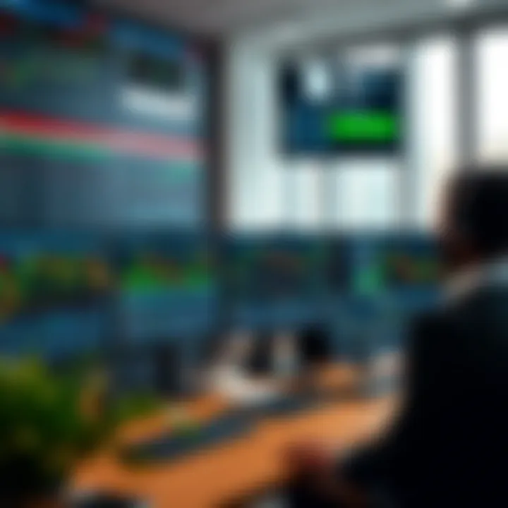 Modern trading workspace with multiple monitors displaying forex charts and market data