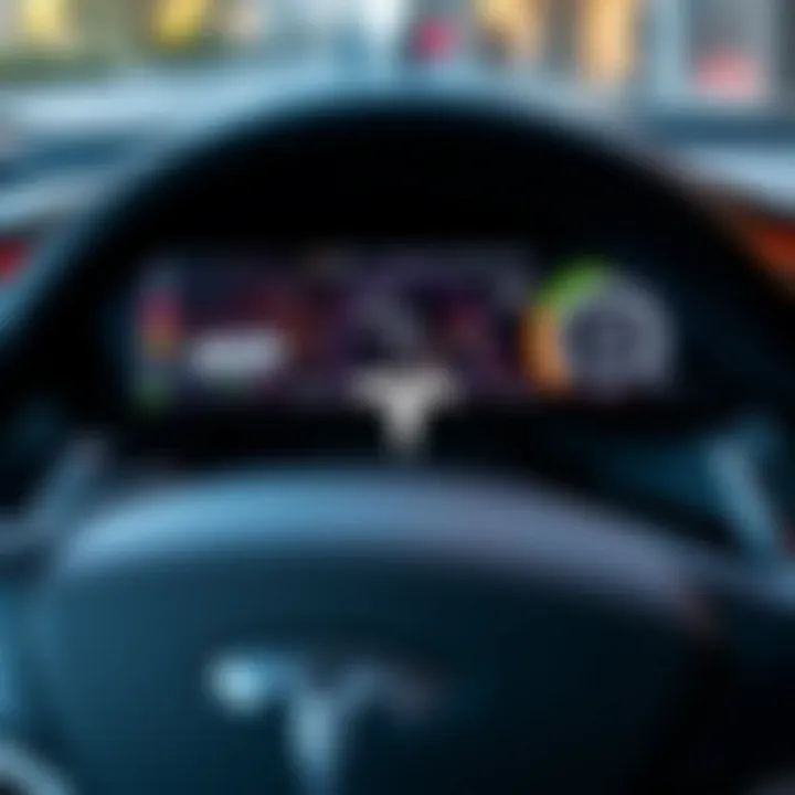 Close-up of advanced Tesla car dashboard displaying innovative technology and energy efficiency features