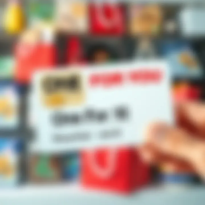 Illustration showing a voucher card being presented with a background of South African currency and shopping items