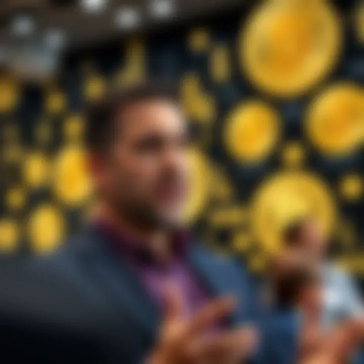 Ran Neuner speaking at a cryptocurrency conference with blockchain logos in the background