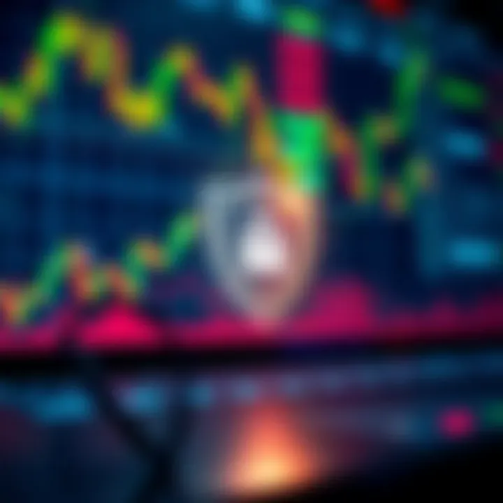 Trading Data Visualization and Broker Security Features Financial chart displaying trading data with digital security icons representing broker safety
