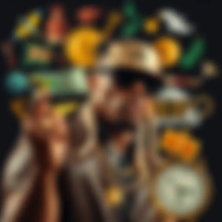 Collage of symbols representing music career and financial success related to Ref Wayne