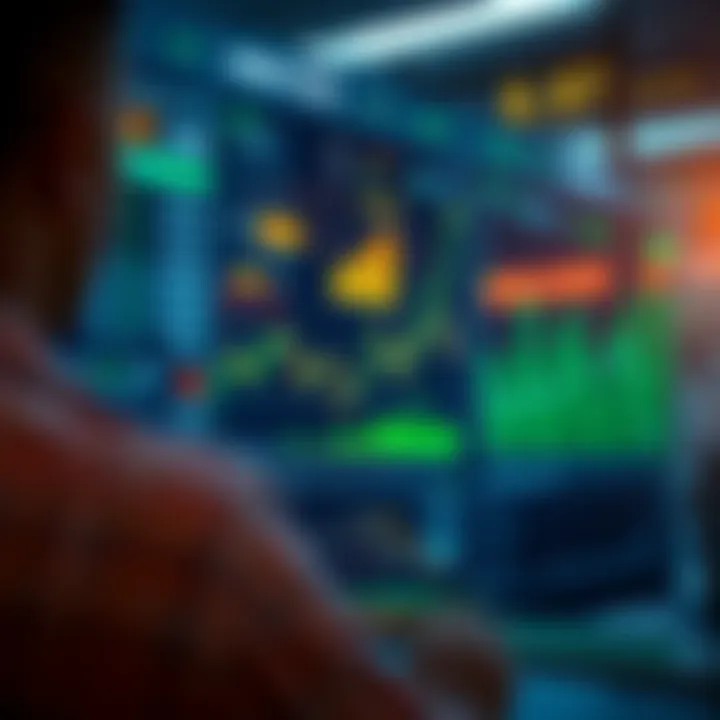 Digital interface showing financial market data and graphs on a transparent screen