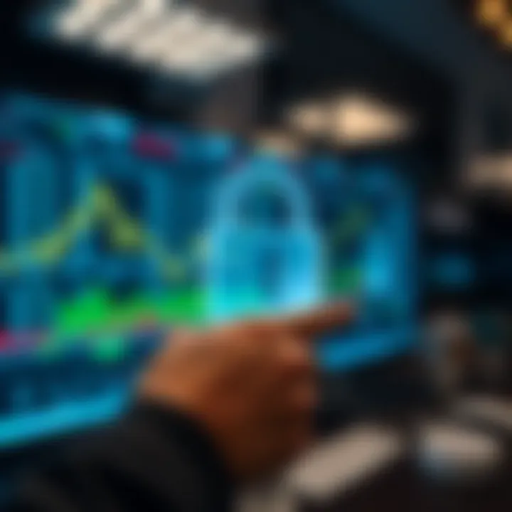 Illustration of secure trading environment with digital locks and financial data protection symbols