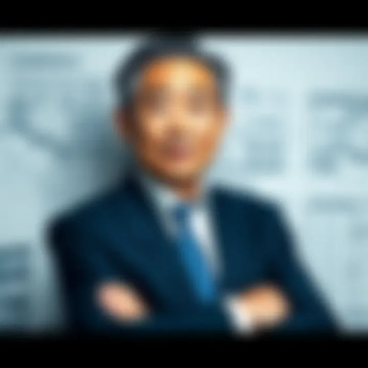 Portrait of Takashi Kotegawa with a backdrop of architectural blueprints