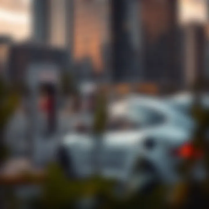 Tesla electric car charging at a modern station amidst a cityscape