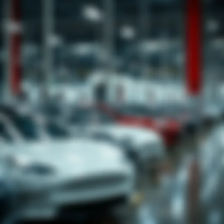 Electric vehicles lined up with a backdrop of Tesla production facility illustrating manufacturing progress