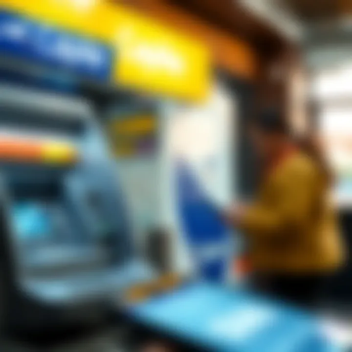 Illustration showing various cash withdrawal methods including ATM, bank counter, and mobile app