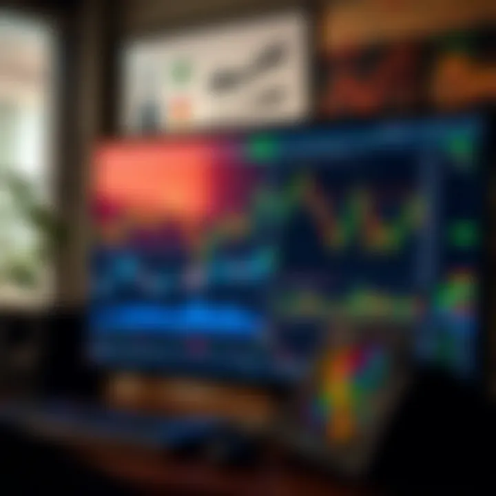 Illustration of a computer screen displaying a demo trading platform with various financial charts and tools