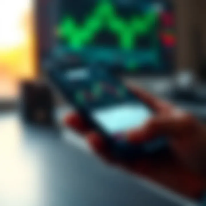 Mobile phone screen displaying Deriv trading app interface with charts and tools