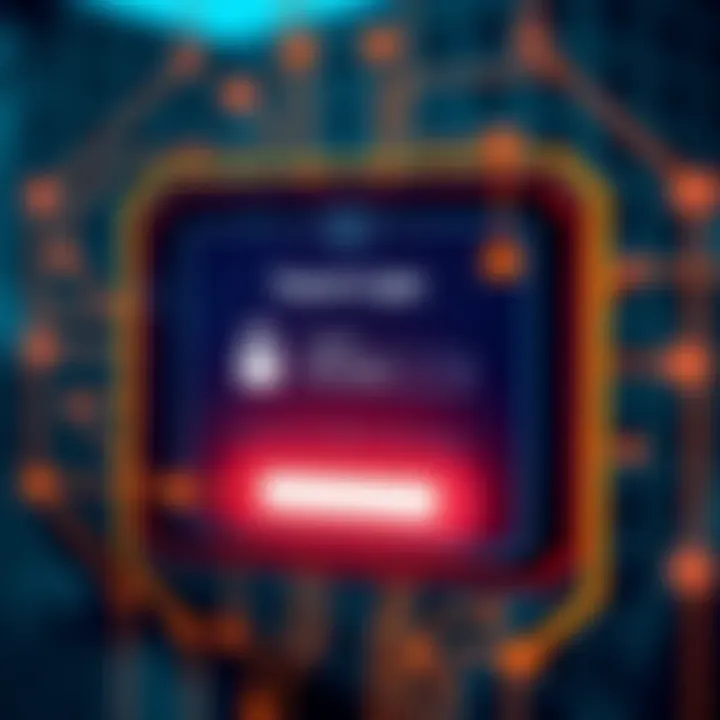 Illustration showing secure login interface with digital locks and user credentials input