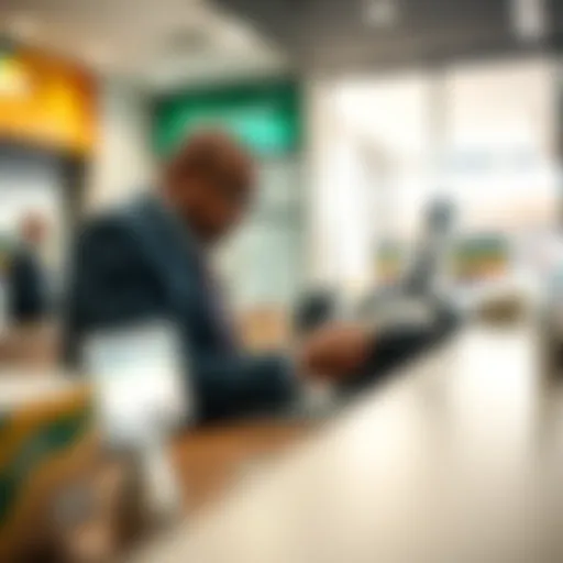Bank teller counting cash at a customer service counter in a South African bank