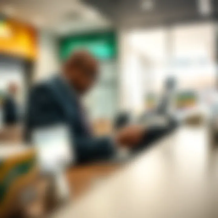 Bank teller counting cash at a customer service counter in a South African bank