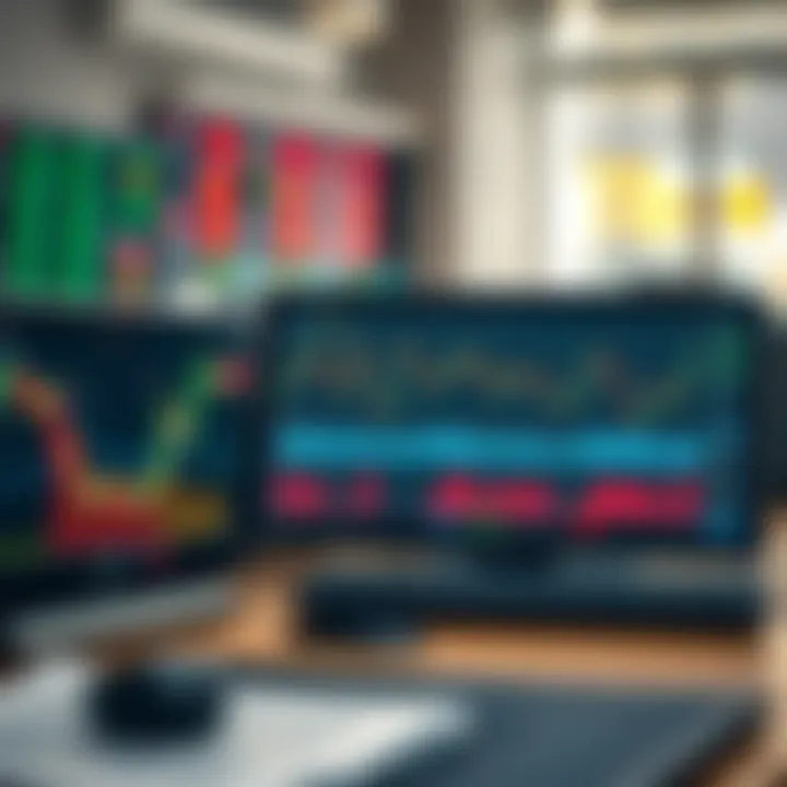 Illustration of technology devices displaying trading charts and data analytics