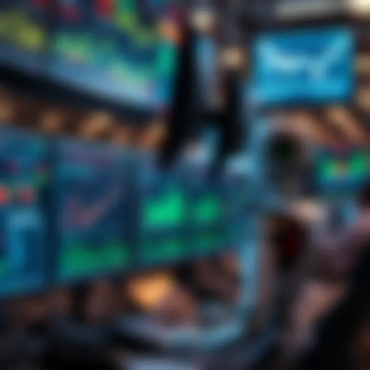 Conceptual representation of automated trading systems analyzing stock market trends on digital screens