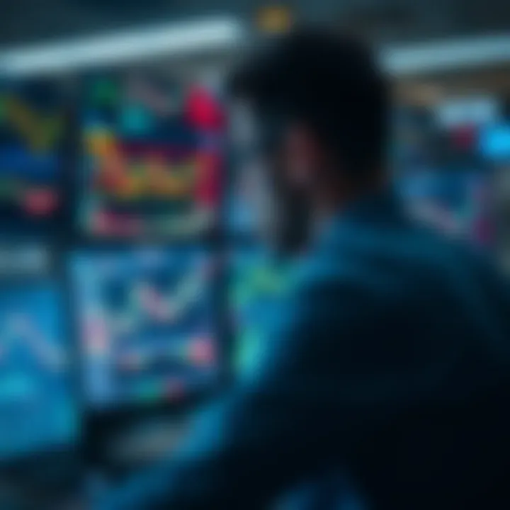 Illustration of a trader analyzing market charts and data on multiple screens