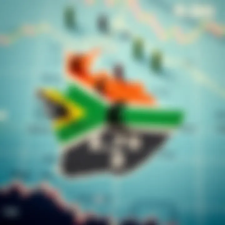 Navigating Forex Trading with South African Economic Considerations Map of South Africa with currency symbols and economic indicators illustrating local forex trading factors