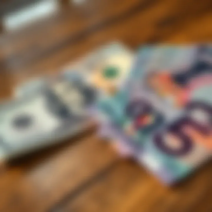 Close-up of US dollars and South African rand banknotes on a wooden table