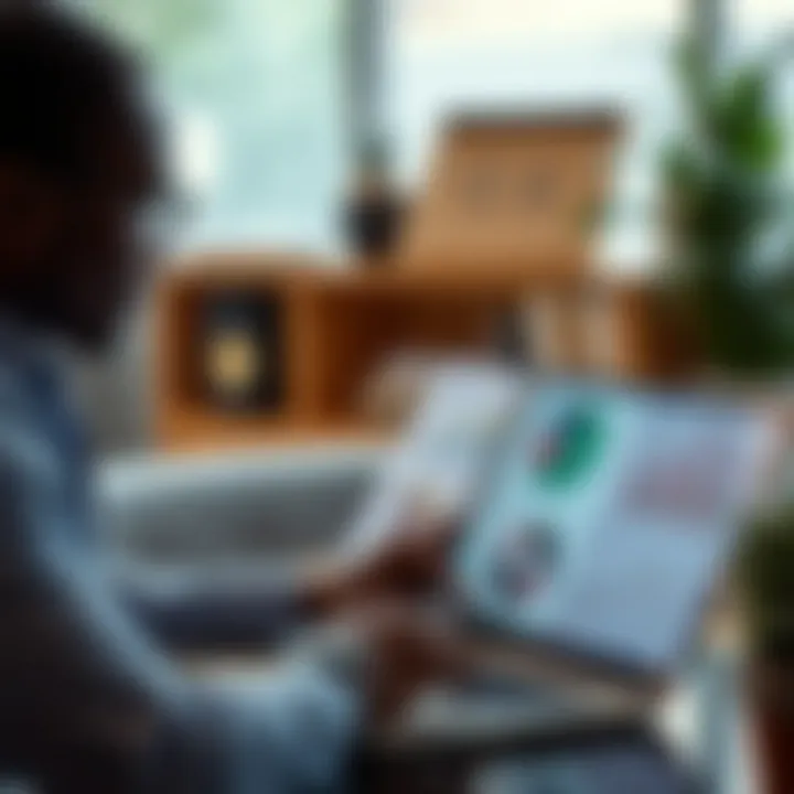 A business owner reviewing voucher redemption data on a laptop with charts and graphs open