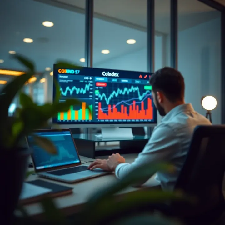 Modern workspace showing a digital financial dashboard with charts and graphs