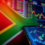 South African flag overlay with financial charts and a mobile device displaying copy trading interface