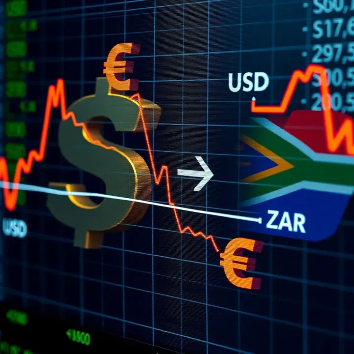 Illustration of currency symbols for USD and ZAR with arrows indicating fluctuating exchange values