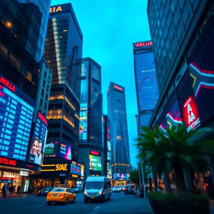 South African financial district with tall office buildings and stock market data displays