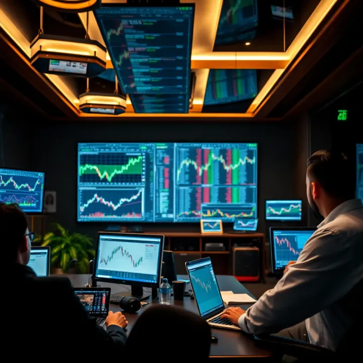 Luxurious office setting showcasing financial market charts and trading data on multiple screens