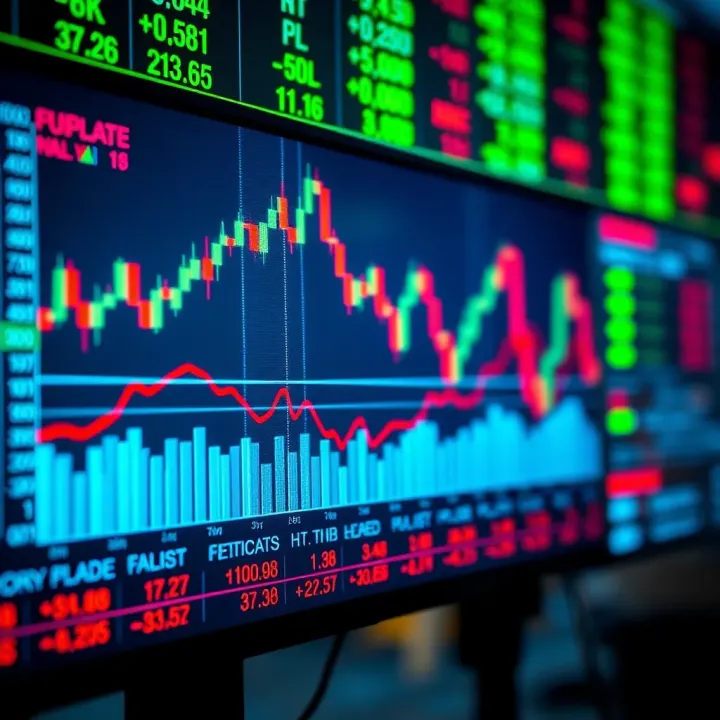 A digital chart showing forex market trends with upward and downward currency exchange rates