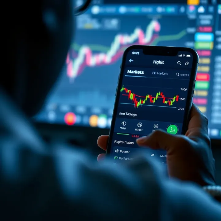 Mobile phone screen displaying the FBK Markets app interface with trading charts and options
