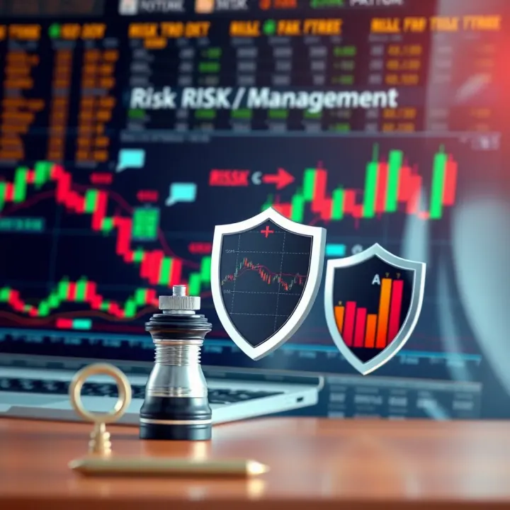 Conceptual graphic showing risk management tools and trading strategies for forex market with charts and protective shields