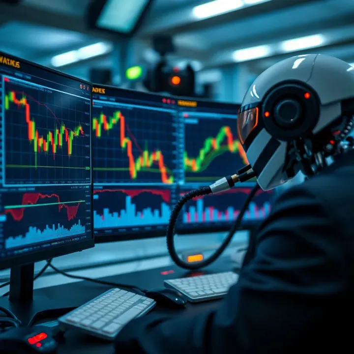 Illustration of an automated trading system analyzing forex currency charts and executing trades