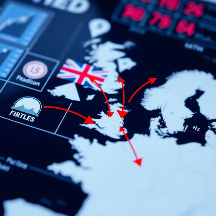 Map highlighting UK and US with financial symbols and arrows indicating geopolitical and market influences
