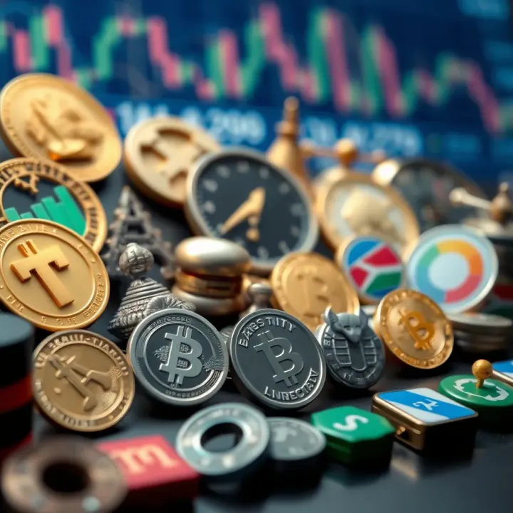 Collection of financial instruments icons representing forex, stocks, commodities, and cryptocurrencies