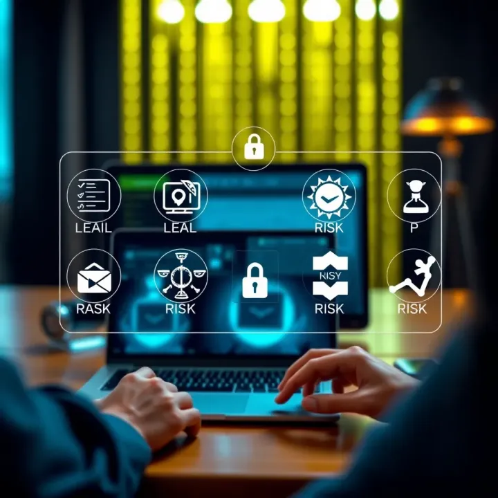 Graphic illustration of a secure online contest entry with icons representing legal protection and risk awareness