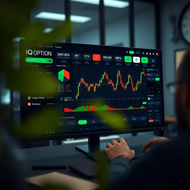 Dashboard view of IQ Option showing trading charts and navigation menu
