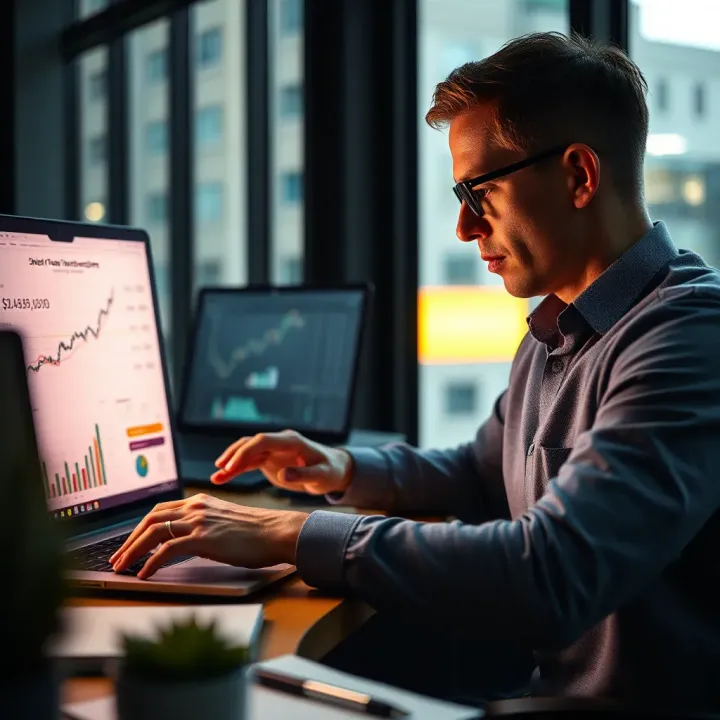 Businessperson analyzing payment discrepancies on a laptop with charts and invoices displayed